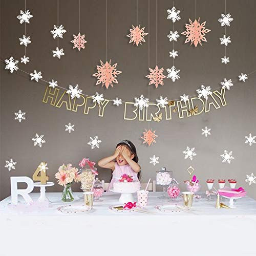 Winter Themed Party Decorations, Paper Snowflake Garland & 3D Large Snowflake Hanging Ornaments & Snowflake Sticker Value Kit, Christmas Hanging Decor, Wedding/Birthday/Frozen Party Favor(Coral Pink)