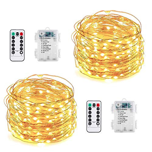 Foucx 2 Set Fairy Lights Battery Operated String Lights with Remote, 16.4 feet 50 Led String Lights,Timer for 8 Modes Twinkle Lights (Warm White)
