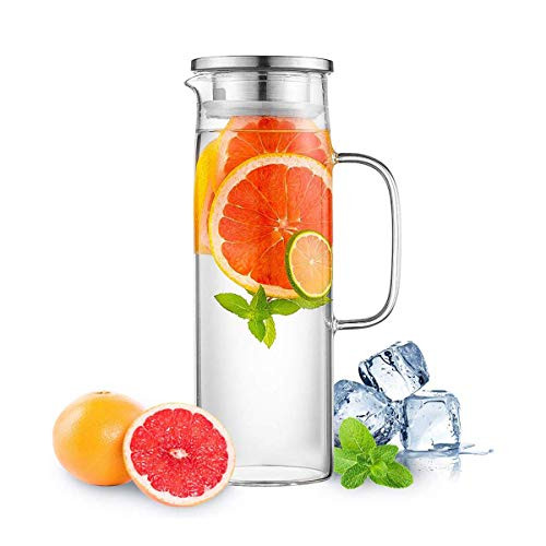 Hwagui - Best Heat Resistant Glass Pitcher with Stainless Steel Lid, Water Carafe with Handle, Good Beverage Pitcher for Homemade Juice and Iced Tea, 1000ml/34oz