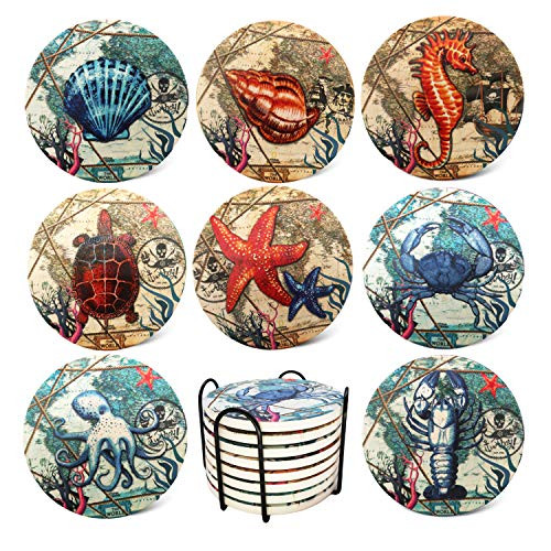 J.DAUL Set of 8 Coaster for Drinks - Absorbing Stone Ocean Life Ceramic Coasters - Cork Base, with Holder, Set for Birthday, Housewarming