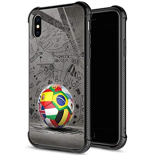 iPhone Xs MAX Case,9H Tempered Glass iPhone Xs MAX Cases for Boys Mens,The World of Soccer Cool Pattern Design Shockproof Anti-Scratch Case for Apple iPhone Xs MAX 6.5 inch Football