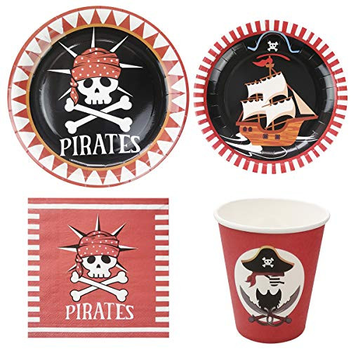 Pirate Party Supplies Pack Serving 16 Guests, Including Dinner Plates, Luncheon Napkins and Cups Disposable Tableware Set Kit for Pirate Theme Baby Shower Birthday Party Decoration