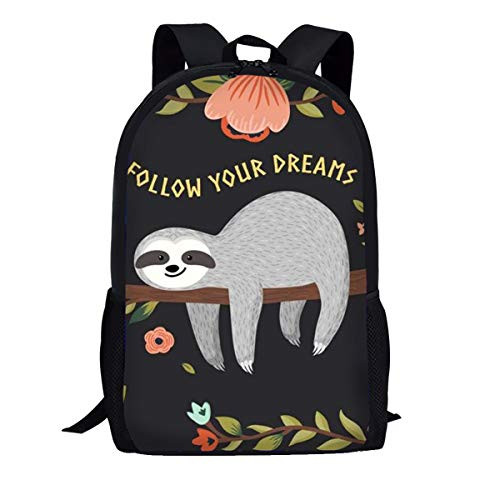 Deeprint Follow Your Dream Sloth Design Cool 3D School Book Bag Printing Backpacks Boys Girls African American Black Art Girls Kids Shoulder Bag Bookbag Children Scool Students Schoolbag