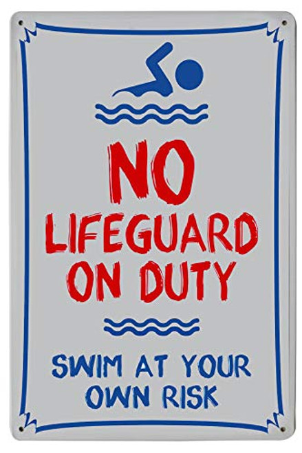 LASMINE Funny Pool Signs"No Lifeguard on Duty Swim at Your Own Risk" for Residential or Commercial Swimming Pools 8X12 Inch