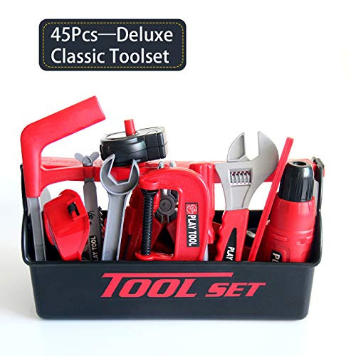 45 Pcs Kids Tool Set with Electronic Drill Toys Tool Kit Contains Toy Hammer Goggles Saw wrench vise paper cutter Module etc?Toddler Pretend Play Construction Tool ,Plus Portable Toolbox- Electric