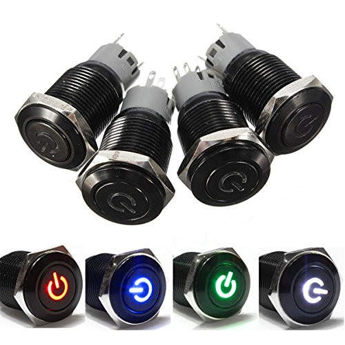 Yosoo 16mm 12V LED Latching ON/OFF Power Push Button Switch,Power Symbol+Ring LED Stainless Steel Waterproof (Blue)