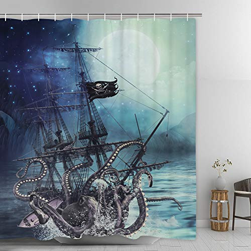 Ikfashoni Octopus Shower Curtain with 12 Hooks, Ocean Kraken Attack Pirate Ship Nautical Shower Curtain, Durable Fabric Waterproof Bath Curtain, 69 x 75 inches Ikfashoni Octopus Shower Curtain with 12 Hooks, Ocean Kraken Attack Pirate Ship Nautical Shower Curtain, Durable Fabric Waterproof Bath Curtain, 69 x 75 inches