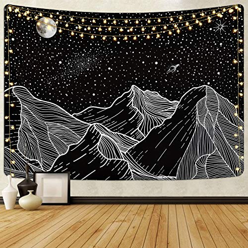 Mountain Tapestry Moon and Star Tapestries Starry Night Sky Tapestry Galaxy Space Tapestry Black and White Tapestry for Room(59.1 x 82.7 inches)