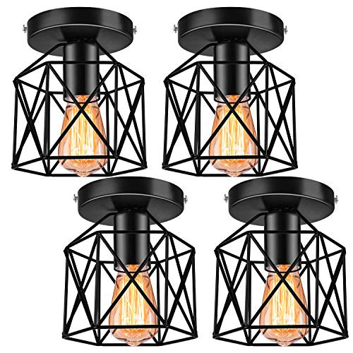 4 Pack Industrial Vintage Ceiling Light Fixture, E26 Metal Rustic Cage Light Fixtures, Semi Flush Mount Ceiling Light Fixture for Hallway Farmhouse Porch Stairway, Black