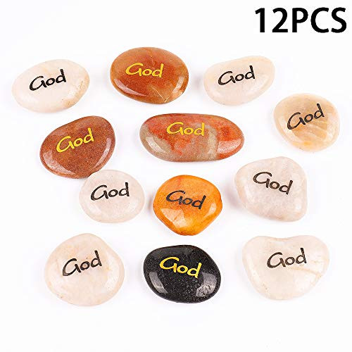 RockImpact 12PCS God Engraved Inspirational Stones, Pocket Word Stone River Rock, Zen Chakra Healing Palm Stone, Positive Encouraging Rocks, God Speed Holy Divine Faith (Pack of 12, God)
