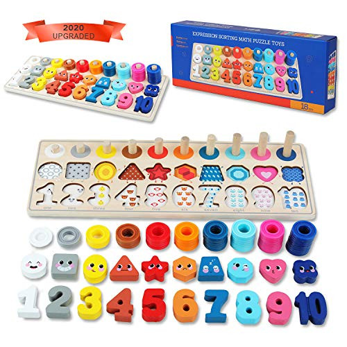 QZM Wooden Montessori Toys for Kids, Toddler Number Puzzles Sorter Counting Shape Stacker Stacking Game Preschool Toys for Boy Girl Learning Education Math Blocks Chunky Puzzles Gift for Age 18m+