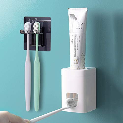 Rainmae Toothpaste Dispenser Set - Automatic Toothpaste Squeezer with Toothbrush Holders, ABS Automatic Toothpaste Dispenser Self Adhesive Wall Mount Stand Dust-Proof Toothpaste Squeezer Kit