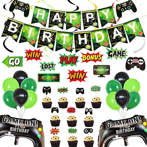 Rainmae Video Game Birthday Party Supplies-Happy Birthday Gaming Banner Welcome Hanging Sign, Game Controller Balloons Multicolor Balloons, GAME ON Themed Hanging Swirls Decorations