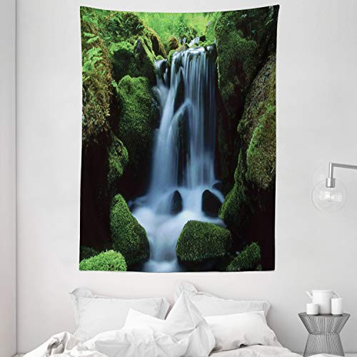 Ambesonne Waterfall Tapestry, Flowing Water from Mountains and Stream with Moss Covered Stones Picture, Wall Hanging for Bedroom Living Room Dorm, 60" X 80", Dark Green White