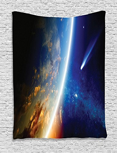 Outer Space Decor Tapestry by Ambesonne, Comet Approaches Planet Earth Cosmos Nebula and Stars in Outer Space Picture Print, Wall Hanging for Bedroom Living Room Dorm, 40 X 60 Inches, Navy Blue