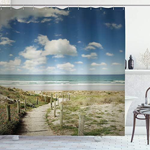 Ambesonne Beach Shower Curtain, Boardwalk Leading to Beach Scenery Relaxing Summertime Vacation Waterscape, Cloth Fabric Bathroom Decor Set with Hooks, 70" Long, Blue Green Beige
