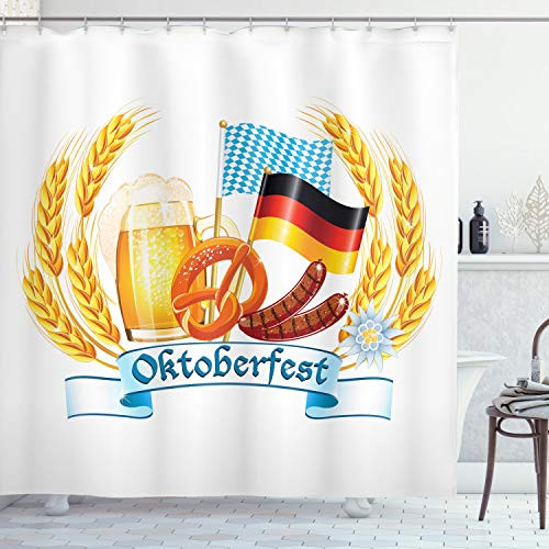 Ambesonne Oktoberfest Shower Curtain, Oktoberfest Celebration Design with Sausage Drink Flags Wheat Stems Banner, Cloth Fabric Bathroom Decor Set with Hooks, 70" Long, Yellow Blue