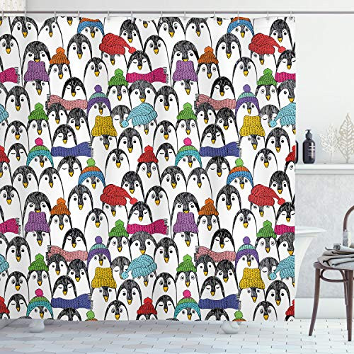 Ambesonne Sea Animals Shower Curtain, Pattern with Penguins in Colorful Hats and Scarfs Cold Winter Fun Art, Cloth Fabric Bathroom Decor Set with Hooks, 70" Long, Black Yellow Ambesonne Sea Animals Shower Curtain, Pattern with Penguins in Colorful Hats and Scarfs Cold Winter Fun Art, Cloth Fabric Bathroom Decor Set with Hooks, 70" Long, Black Yellow