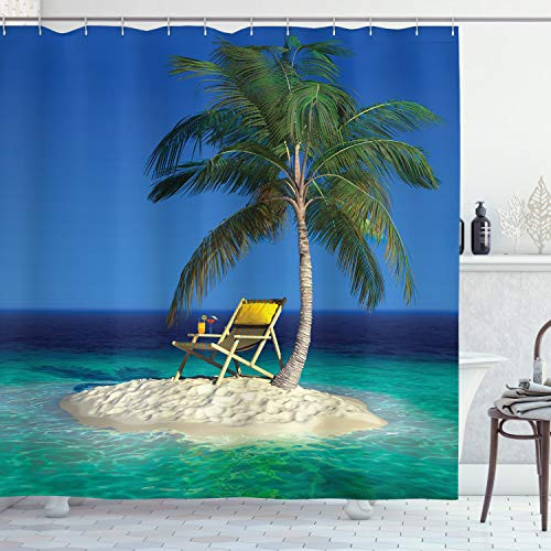 Ambesonne Seaside Shower Curtain, Chair Under a Palm Tree on a Small Uninhabited Tropical Island Clear Ocean, Cloth Fabric Bathroom Decor Set with Hooks, 70" Long, Blue Sand