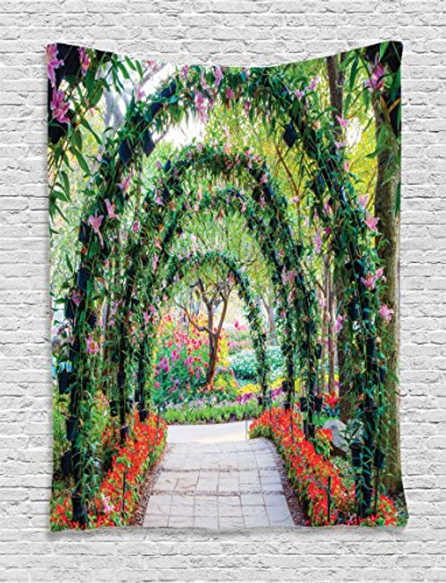 Ambesonne Garden Tapestry, Flower Arches with Pathway in Ornamental Plants Garden Greenery Romantic Picture, Wall Hanging for Bedroom Living Room Dorm, 60" X 80", Green Red