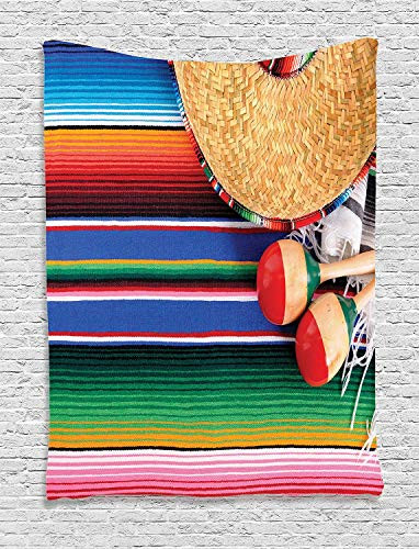 Ambesonne Mexican Tapestry, Mexican Culture Theme with Sombrero Straw Hat Maracas Serape Blanket Rug Picture, Wall Hanging for Bedroom Living Room Dorm Decor, 40" X 60", Red Ivory