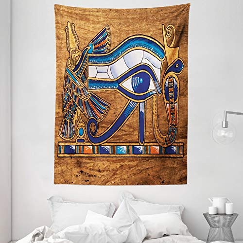 Egyptian Tapestry by Ambesonne, Egyptian Ancient Art Papyrus Depicting Eye Mosaic Style Design, Wall Hanging for Bedroom Living Room Dorm, 60 W X 80 Inches, Navy Blue Orange and Brown
