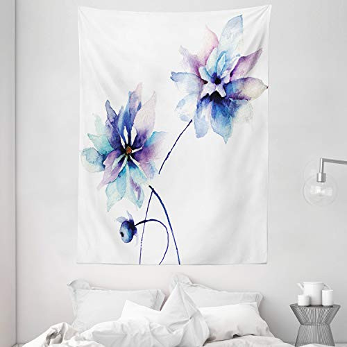 Ambesonne Watercolor Flower Tapestry, Flower Drawing with Soft Spring Colors Retro Style Floral Artwork, Wall Hanging for Bedroom Living Room Dorm, 60" X 80", White Purple