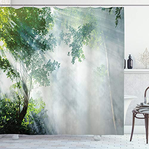 Ambesonne Rainforest Shower Curtain, Sunbeam Between Shadows of Trees Idyllic Scenery of Solitude in Jungle Theme, Cloth Fabric Bathroom Decor Set with Hooks, 84" Long Extra, Green Bluegrey