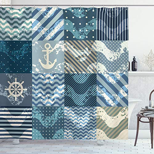 Ambesonne Nautical Shower Curtain, Marine Theme Wave Patterns in Patchwork Style Boxes Squares Striped Anchor Print, Cloth Fabric Bathroom Decor Set with Hooks, 84" Long Extra, Blue Beige