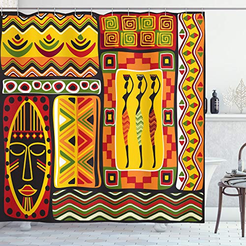 Ambesonne African Shower Curtain, Elements Historical Original Striped and Rectangle Shapes Design, Cloth Fabric Bathroom Decor Set with Hooks, 84" Long Extra, Scarlet Yellow