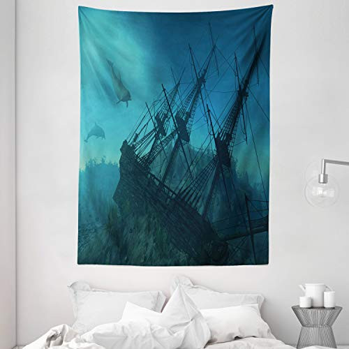 Ambesonne Nautical Tapestry, Dolphins Ruined Wreckage Underwater Sunken Ship Mystery Treasure, Wall Hanging for Bedroom Living Room Dorm, 60" X 80", Blue Teal