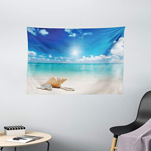Ambesonne Seashells Tapestry, Seashells and Pearls on Sandy Beach Tropical Ocean Dreamiest Coastal Charm, Wide Wall Hanging for Bedroom Living Room Dorm, 60" X 40", Turquoise Cream