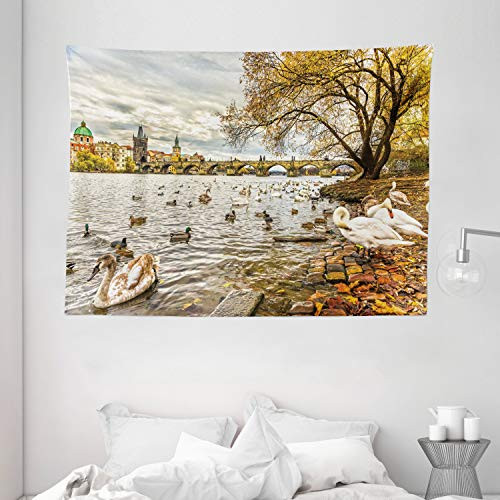 Ambesonne Landscape Tapestry, Prague Charles Bridge Old Town Czech Republic Riverside Scenic View with Swans, Wide Wall Hanging for Bedroom Living Room Dorm, 80" X 60", Marigold Brown