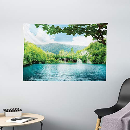Ambesonne Rustic Tapestry, Lake in Deep Forest Fed by Several Waterfalls in Summer Idyllic View Print, Wide Wall Hanging for Bedroom Living Room Dorm, 60" X 40", Blue Green