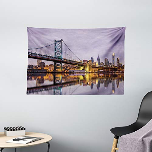 Ambesonne USA Tapestry, Ben Franklin Bridge and Philadelphia Skyline Setting Sun Reflections on Water, Wide Wall Hanging for Bedroom Living Room Dorm, 60" X 40", Orange Yellow Ambesonne USA Tapestry, Ben Franklin Bridge and Philadelphia Skyline Setting Sun Reflections on Water, Wide Wall Hanging for Bedroom Living Room Dorm, 60" X 40", Orange Yellow
