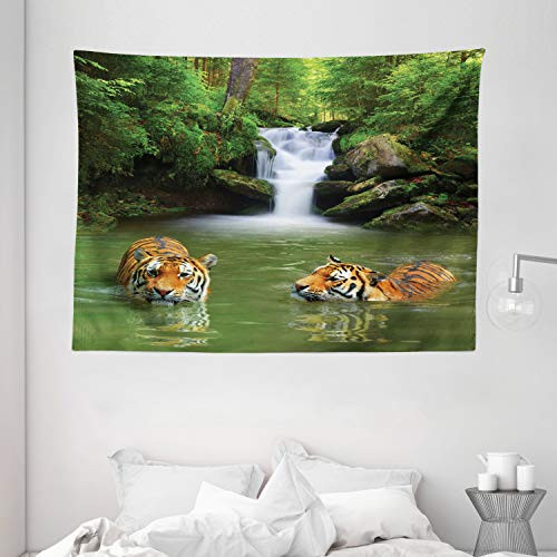 Ambesonne Safari Tapestry, Siberian Tigers in Water Waterfall Pool Woodland Swimming Natural, Wide Wall Hanging for Bedroom Living Room Dorm, 80" X 60", Green White