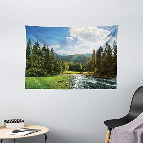 Ambesonne Landscape Tapestry, Riverside Flowing Mountain with Towering Pine Trees and Rainbow Clouds Sunny Day, Wide Wall Hanging for Bedroom Living Room Dorm, 60" X 40", Hunter Green