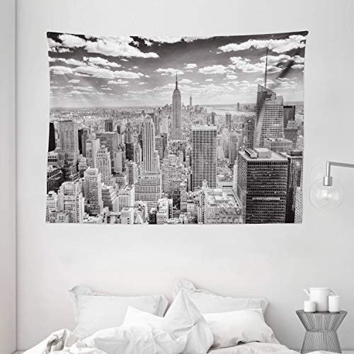 Ambesonne New York Tapestry, NYC Over Manhattan from Top of Skyscrapers Urban Global Culture City Panorama, Wide Wall Hanging for Bedroom Living Room Dorm, 80" X 60", Grey Monochrome