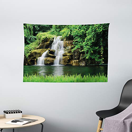 Ambesonne Waterfall Tapestry, Double Waterfalls Flow to Natural Green Lake with Bushes and Grass Like Garden Print, Wide Wall Hanging for Bedroom Living Room Dorm, 60" X 40", Green White