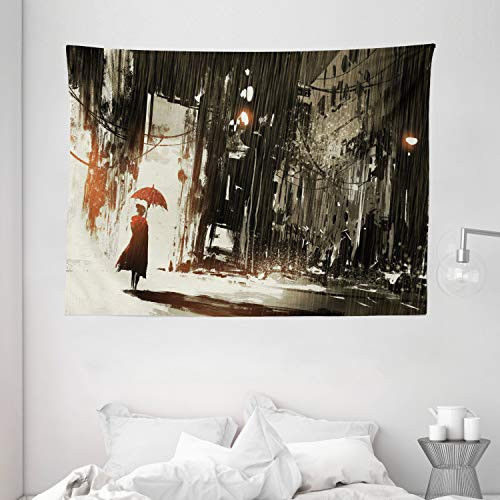 Ambesonne Fantasy Tapestry, Woman with Umbrella in Rain Old Town Ruins Apocalypse Superhero Action Desgin, Wide Wall Hanging for Bedroom Living Room Dorm, 80" X 60", Green Beige