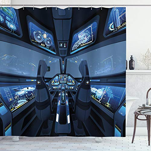 Ambesonne Outer Space Shower Curtain, Space Station Shuttle Cockpit Cabin with Mode Control Panel Flight Deck Area, Cloth Fabric Bathroom Decor Set with Hooks, 75" Long, Grey Blue