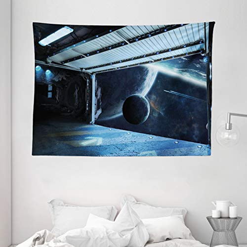 Ambesonne Outer Space Tapestry, Moon Before Station Planet Apocalypse Landing Alternative Humanoid Robots Print, Wide Wall Hanging for Bedroom Living Room Dorm, 80" X 60", Navy Blue