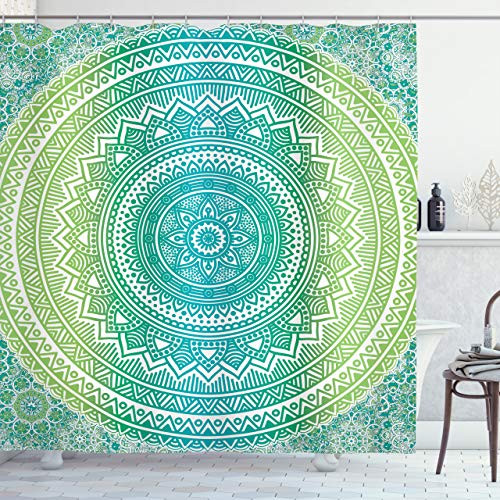 Ambesonne Teal and Lime Shower Curtain, Ombre Mandala Pattern with Flower and Petals Hippie Style Art, Cloth Fabric Bathroom Decor Set with Hooks, 75" Long, Teal Lime