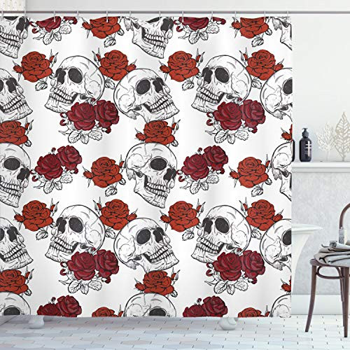 Ambesonne Skull Shower Curtain, Retro Gothic Dead Head Skeleton with Roses Halloween Theme Spooky Trippy Romantic, Cloth Fabric Bathroom Decor Set with Hooks, 70" Long, Grey