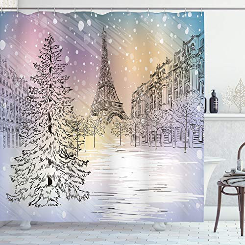 Ambesonne Winter Shower Curtain, Image of Stormy Winter Day in Idyllic Paris Streets Eiffel Tower Europe Scenery, Cloth Fabric Bathroom Decor Set with Hooks, 75" Long, Pink White