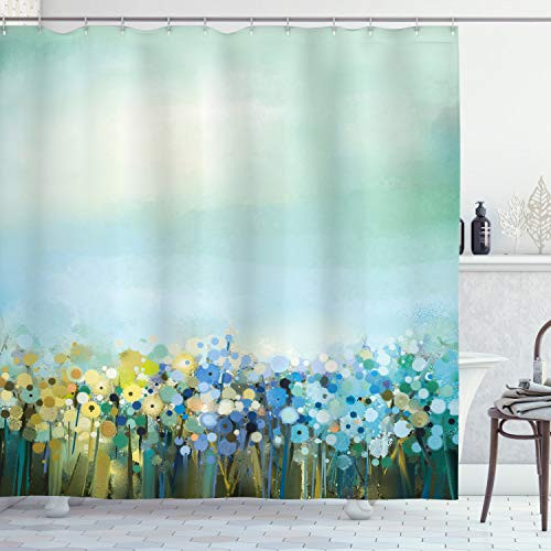 Ambesonne Flower Shower Curtain, Aqua Impressionist Depiction of a Field Paint with Blooms Tranquil Concept Print, Cloth Fabric Bathroom Decor Set with Hooks, 75" Long, Blue