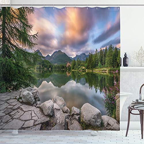 Ambesonne Mountain Shower Curtain, Idyllic View with Tree on Still Lake Surrounded by Mountains and Moody Sky Image, Cloth Fabric Bathroom Decor Set with Hooks, 84" Long Extra, Blue Grey