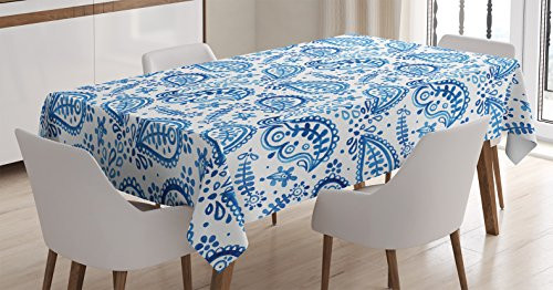 Ambesonne Paisley Tablecloth, Mediterrian Themed Design with Water Color Hand Drawn Flowers and Leaves Print, Rectangular Table Cover for Dining Room Kitchen Decor, 60" X 84", White Blue