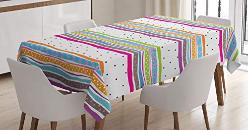 Ambesonne Striped Tablecloth, Abstract Wavy Stripes Polkadots Ribbons Bows and Hearts Girly Patterned Artwork, Dining Room Kitchen Rectangular Table Cover, 52" X 70", Green Blue