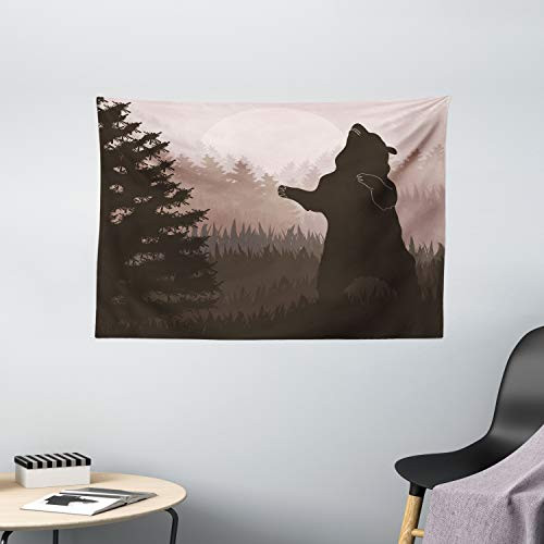 Ambesonne Nature Tapestry, Silhouette of Wild Bear in The Jungle Woodland at Dark Night Illustration, Wide Wall Hanging for Bedroom Living Room Dorm, 60" X 40", Army Green